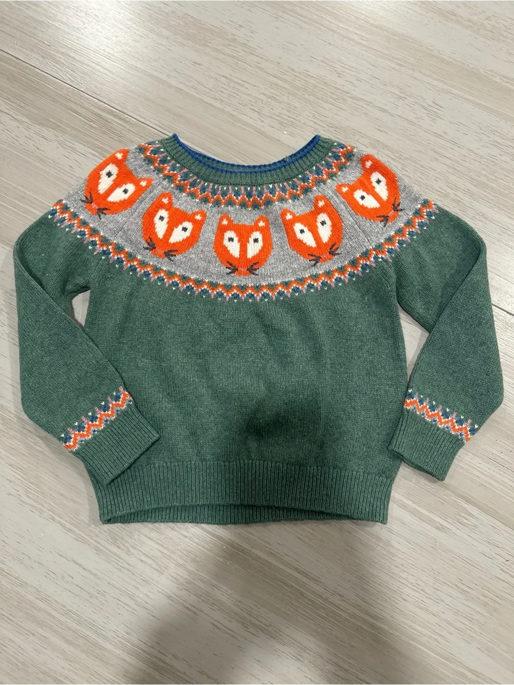 Mini Boden Kids Crew Neck Fair Isle Fox Sweater Green 2-3 Wool Cotton Boy/Girl